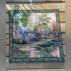 Vintage Thomas Kincade Wall Hanging Tapestry "Hometown Lake" 26x26